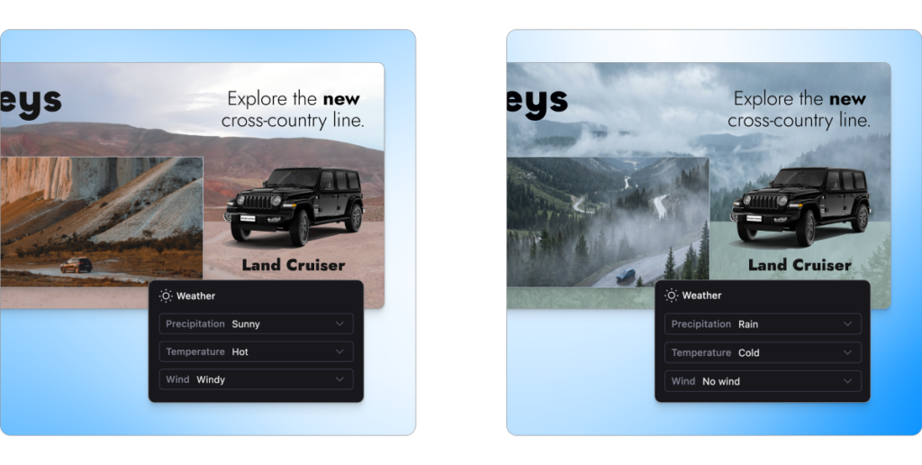 Side-by-side comparison of context-aware CTV ad variations inside Celtra, displaying how a vehicle ad automatically shifts visual elements based on real-time weather triggers like sunny and hot versus rainy and cold.